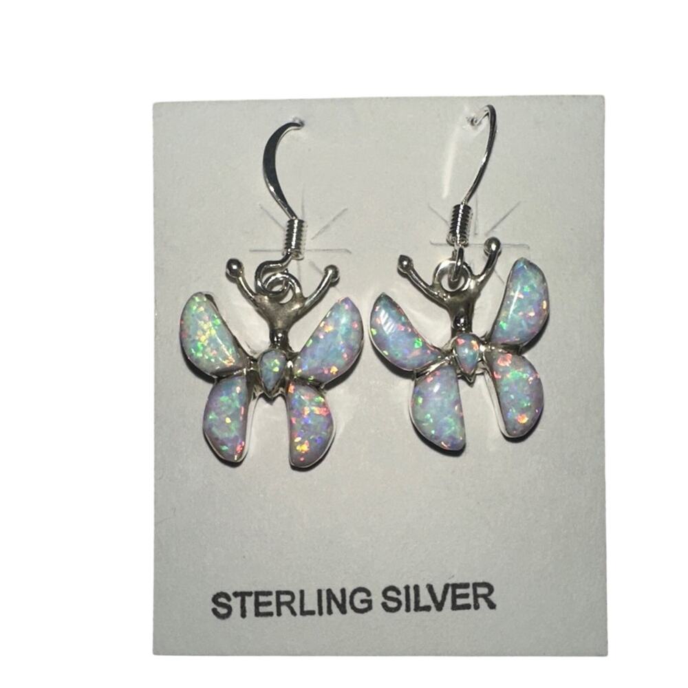 Sterling Silver Butterfly Earrings with White Opal
